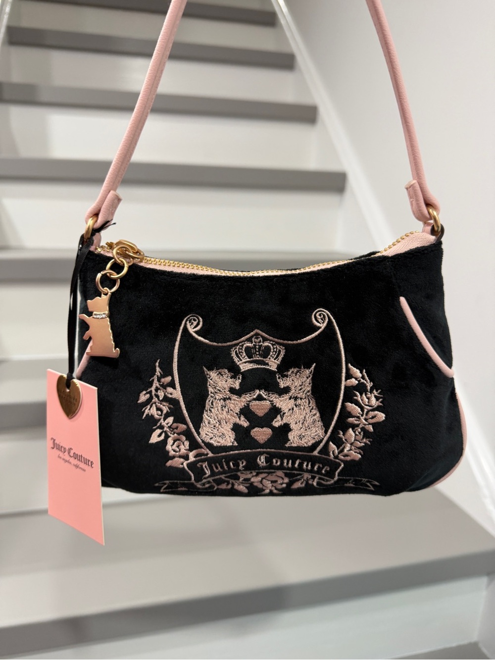 Juicy Couture Black and Pink Velour Logo Shoulder Bag Scottie